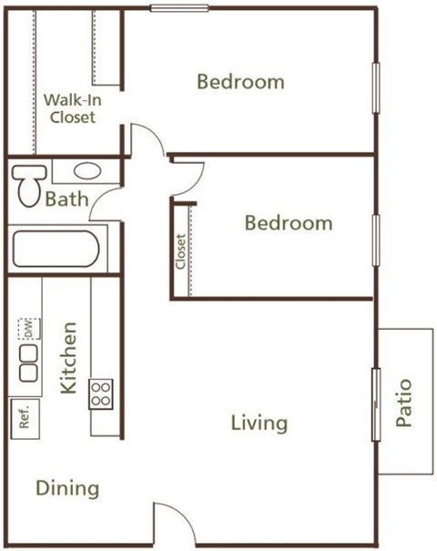 Floor plan for 2 beds, 1 bath, 912 sqft